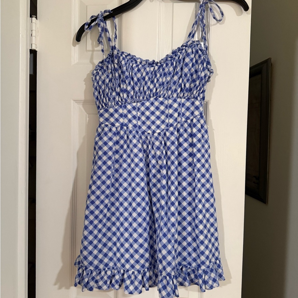 Aerie Blue Gingham Smocked Mini Dress – Size S